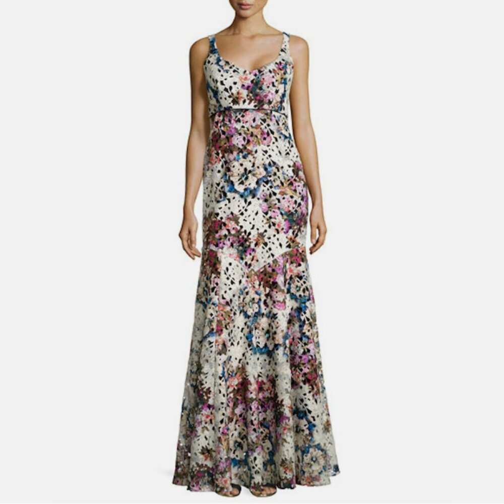 NWOT Nicole Miller Floral Print Lace Trumpet Gown